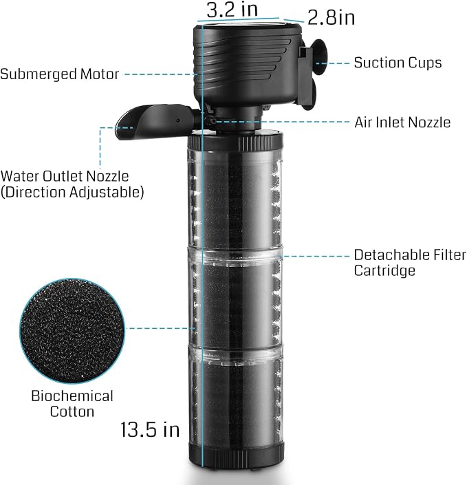 XpertMatic 3 Stages 475 GPH Aquarium Filter for Up to 120 Gallon Fish Tank | Submersible Internal Fish Tank Filter with Water Pump, Power Filter for Fish Tank, Pond