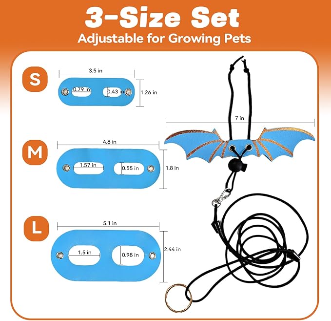 Dinosaur Wing Leash Harness for Bearded Dragons - 3-Size Adjustable Reptile Harness Set, Safe Escape-Proof Design for Lizards, Geckos, Iguanas & Small Pets (Orange)