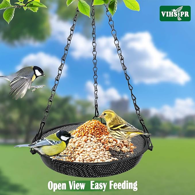 Hanging Bird Feeder for Outdoors – 9 in Metal Mesh Bird Feeder Tray Platform for Small Wild Birds, Black
