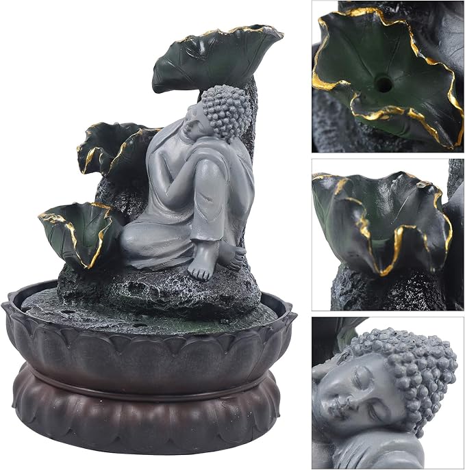 Indoor Fountain Rockery Tabletop Fountain with Buddha Water Feature | Meditation Desktop Fountains for Home Office Decor or Giving 8.1'' x 8.1'' x 11'' with LED Light