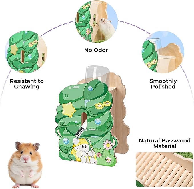 mini&moe Hamster Water Bottle for Glass Tank – Guinea Pig Water Bottle No Drip with Wooden Holder, Small Animal Water Dispenser for Rats, Chinchillas, Gerbils, Sugar Gliders