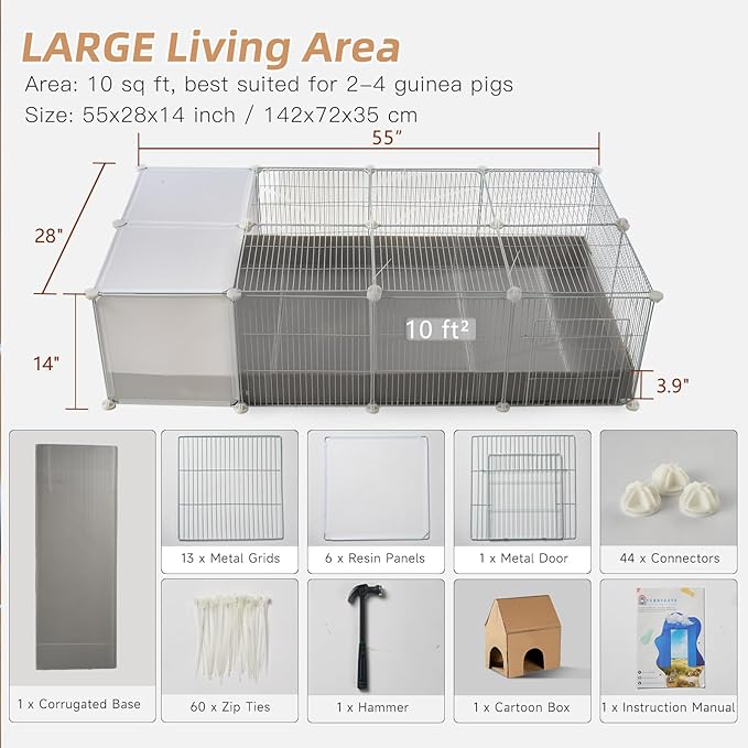Guinea Pig Cages with Lid & Corrugated Liner 10ft CNC Small Animal Playpen Indoor Rabbit Bunny Cage Large Critter Loft Habitat Hedgehog Pet Hutch 55x28x14inch