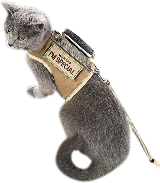 Tactical Cat Harness and Leash for Walking Escape Proof, Adjustable Cat Walking Jackets, Padded Stylish Cat Vest, Khaki, X-Large