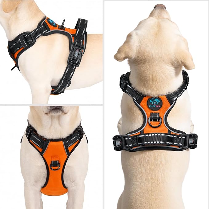 PHOEPET No Pull Dog Harnesses for Small Puppies Reflective Adjustable Front Clip Vest with 2 Metal Leash Clips and Soft Handle(XS, Orange)