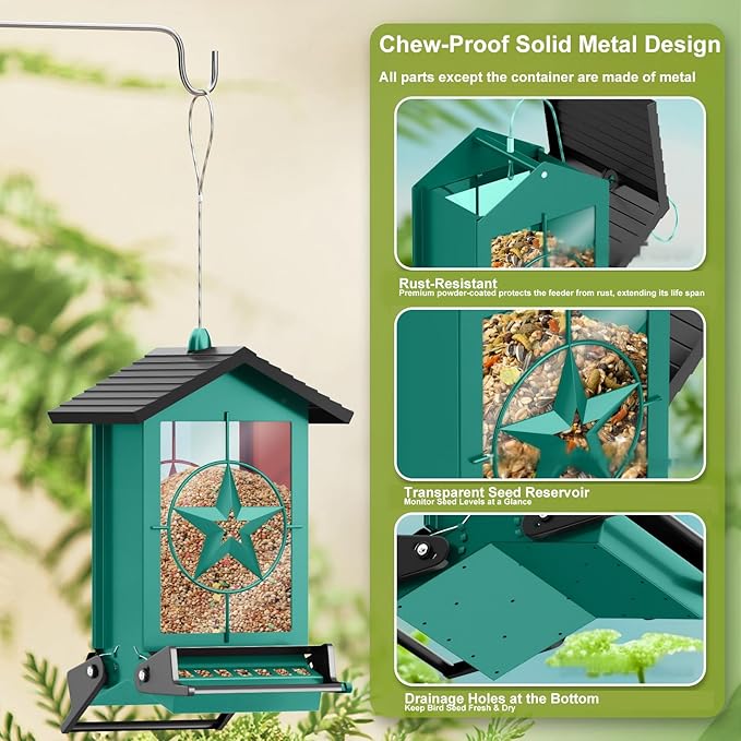 Squirrel Proof Bird Feeders for Outdoors with Weight-Activated, Metal 5LB Large Wild Bird Feeders for Cardinals,Blue Jay,Finch, Weatherproof Durable Hanging Bird Feeder for Backyard,Garden (Green)