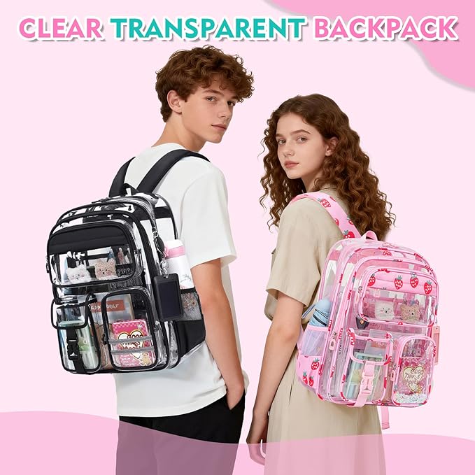 Clear Backpack for School,Transparent Backpack Stadium Events,Heavy Duty Clear Bookbag for Girls,Boys,Work,Sport Pink Strawberry