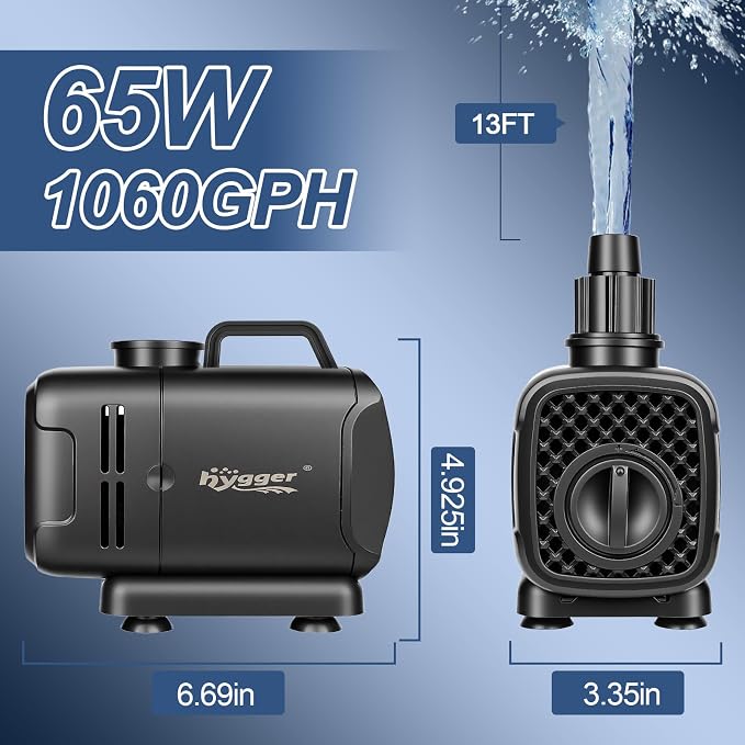 hygger 2-in-1 1060GPH Submersible Pump 65W,Side and Bottom Suction Fountain Water Pump with 13ft High Lift,Quick Water Change with 4 Interchangeable Nozzles for Aquarium, Fish Tank, Hydroponics,Pond