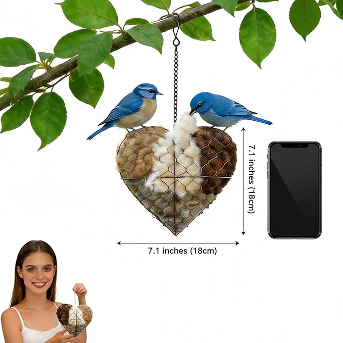 Handmade Alpaca Fiber Bird Nesting Heart - Weather Resistant Wild Bird Nesting Material Holder with Refillable Soft Fibers and Hanging Chain for Hummingbirds, Finches & Wrens (7.1*7.1*2.8in)