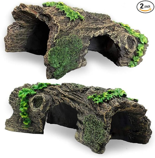 2PCS Small Aquarium Trunk Decoration Hollow Tree Trunk Hideout Log Hideaway Fish Tank Resin Wood Ornament Reptile Habitat Cave for Fish and Shrimp to Swim(6.7X 3.3 x 3'')