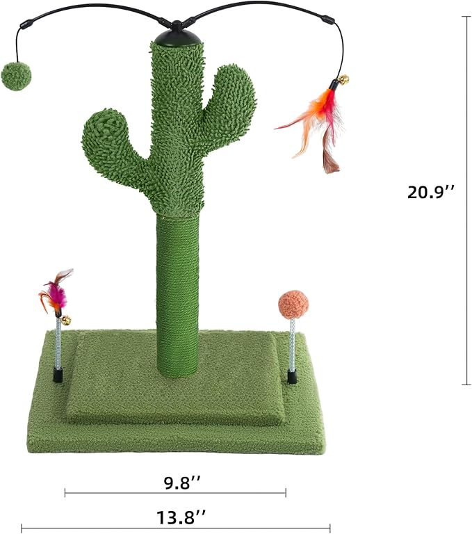 YUNIQUE Cactus Cat Scratching Post with Sisal Rope, Small Cat Tree with Dangling Balls & Feather for Kittens (Green,20.9'')