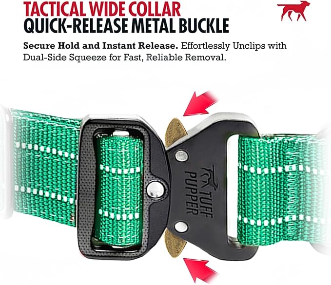 Tuff Pupper Tactical Dog Collar | Heavy Duty 1.5" Wide Ballistic Nylon | Training Control Handle | Quick-Release Metal Buckle | Reflective Bands | ID Tag Holder | Padded Inner Lining (Green, Large)