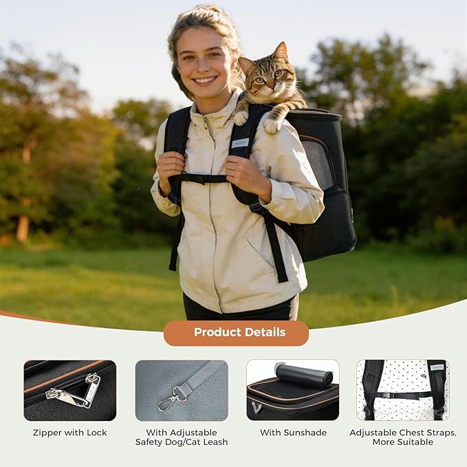 Lekereise Cat Backpack Carrier for Small Dogs and Medium Cat Puppy Kitten Bunny Pet Carrier Backpack Collapsible with Fully Ventilated Mesh with Safety Leash(Black)