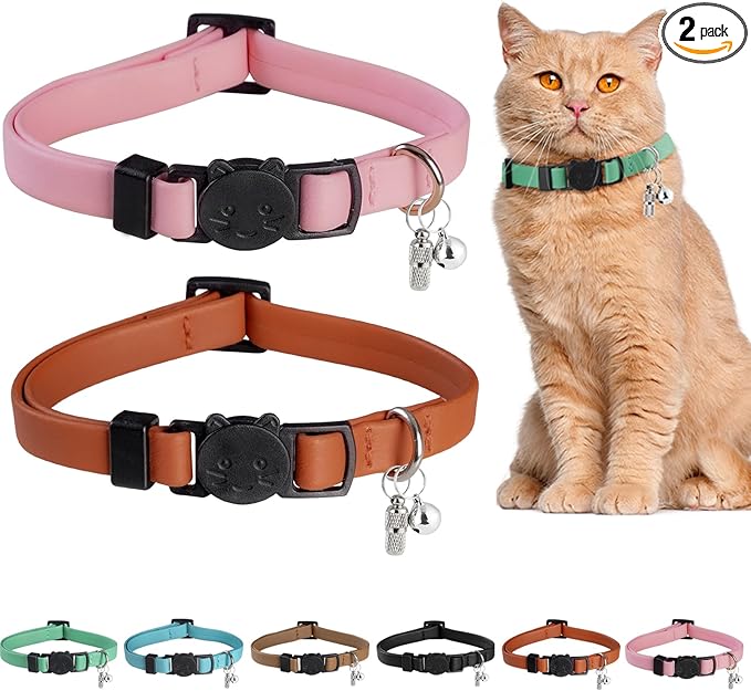Upgrade Breakaway Cat Collar with Bells, Soft Leather Kitten Collars with Name Tag,Safety Adjustable Buckle,Lightweight,Ideal for Girl Boy Cats,Pink+Orange