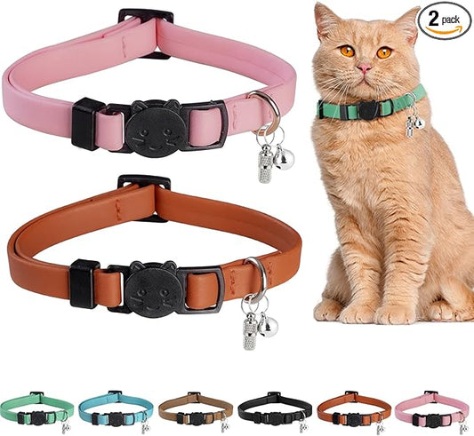 Upgrade Breakaway Cat Collar with Bells, Soft Leather Kitten Collars with Name Tag,Safety Adjustable Buckle,Lightweight,Ideal for Girl Boy Cats,Pink+Orange