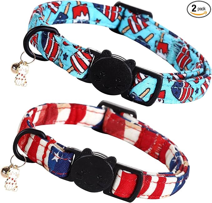 Elegant little tail Independence Cat Collar- 2 Pack Flag Print Cotton Breakaway Cat Collars with Bell Pendant Kitten Boy Girl Safety Adjustable Collar for Small Cats Puppy