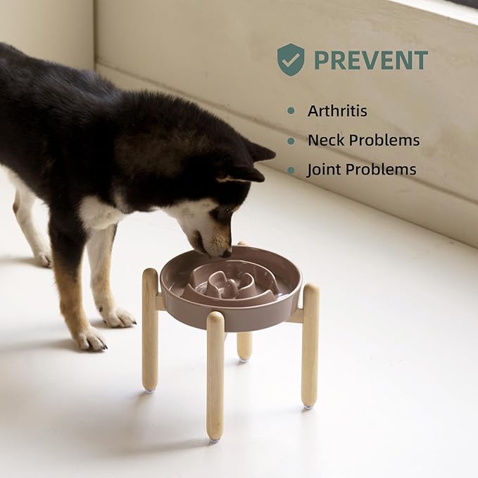 Havniva Ceramic 1.6 Cup Raised Slow Feeder Dog Bowl Set, Elevated Wooden Stand for Medium and Large Dog, 8.2inch Puzzle Slow Dish, Anti-Gulping(Brown Coffee, Single Bowl+ Stand)