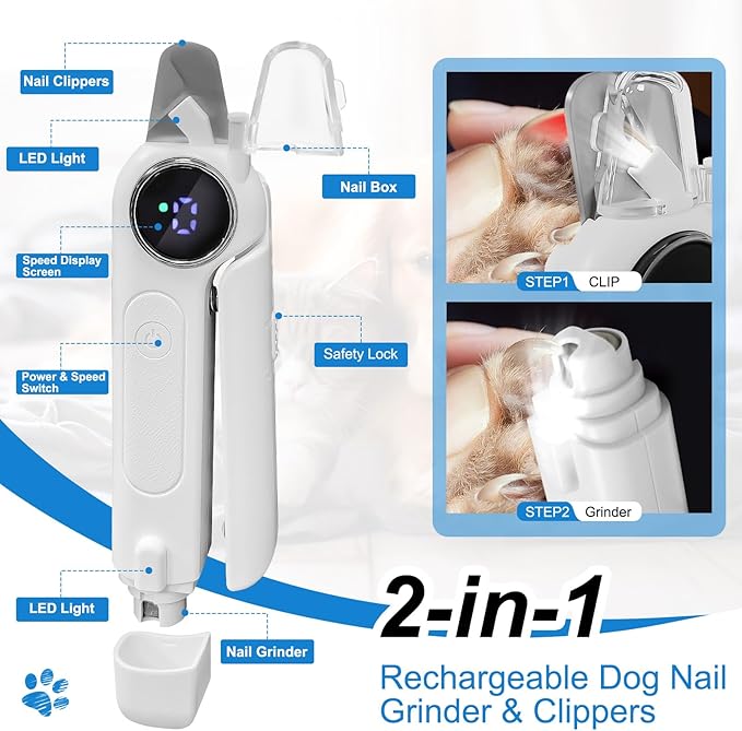 2-in-1 Dog Nail Clippers & Grinder with LED Light, Quiet Electric Pet Nail Trimmer for Small Medium Large Dogs & Cats, 3 Speeds, USB Rechargeable, Quick Sensor, Safety Lock & Splash Guard (White)