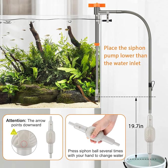 AQQA Aquarium Siphon Vacuum Cleaner Kit with 3 Replaceable Heads (S) | Simultaneous Water Changing, Cleaning in Fish Tanks, Gravel and Sand Cleaning (S)
