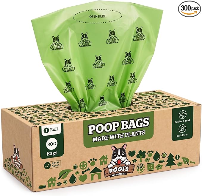 Pogi's Compostable Poop Bags for Home & Yard – Leak-Proof, Extra-Large, Made with Plants (Single Roll, 300-Count)