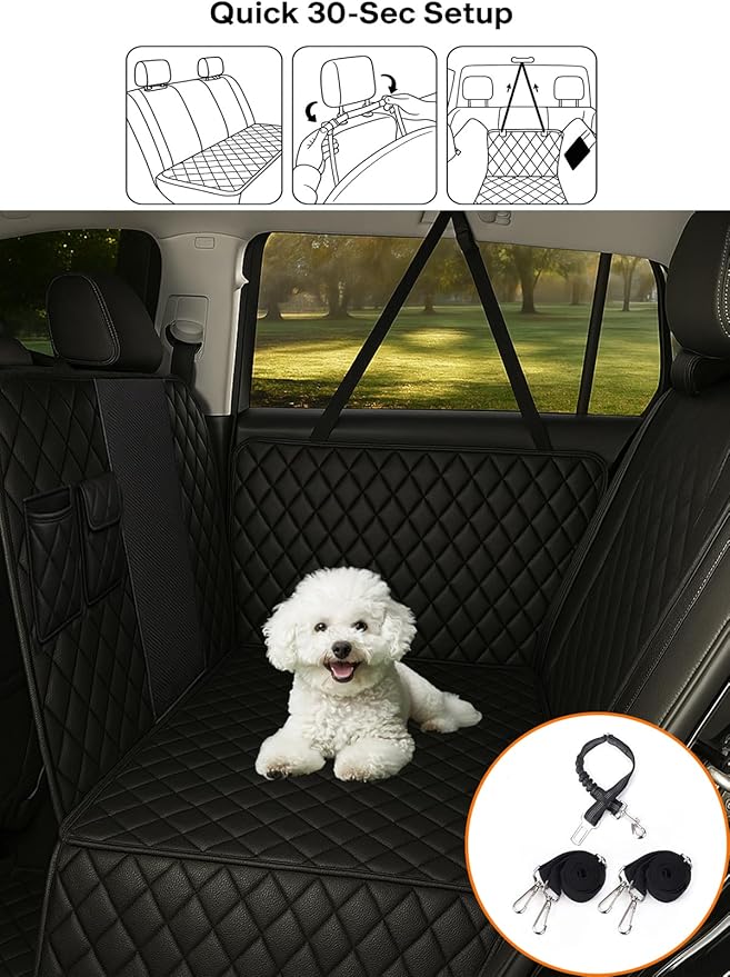 fidozen Dog Car Seat Cover, Universal Fit, Waterproof, Breathable, Machine Washable, Pet Hammock with Storage Pocket, Black (Black, Large(59" W))