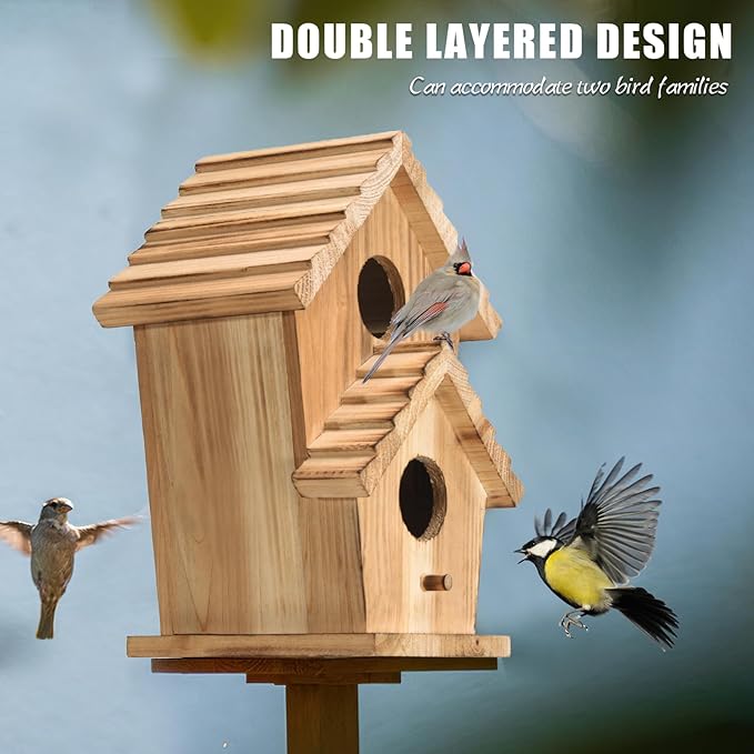 NATUREYLWL Bird Houses for Outside-2 Hole Wooden Outdoor Bird House,Wild Bird Box House,Nesting Box Birdhouse,Garden Bird Roosting