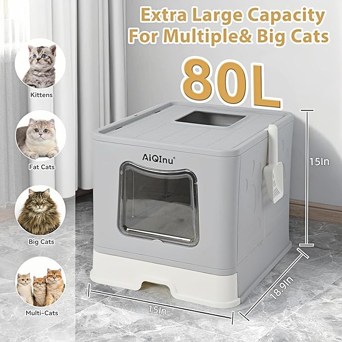 AiQinu XLarge 80L Foldable Cat Litter Box with Lid, Top Exit & Front Entry Kitty Litter Box, Includes Litter Mat & Scoop, Odor Control Anti-Leakage, Easy Clean Large Cat Toilet (Gray)