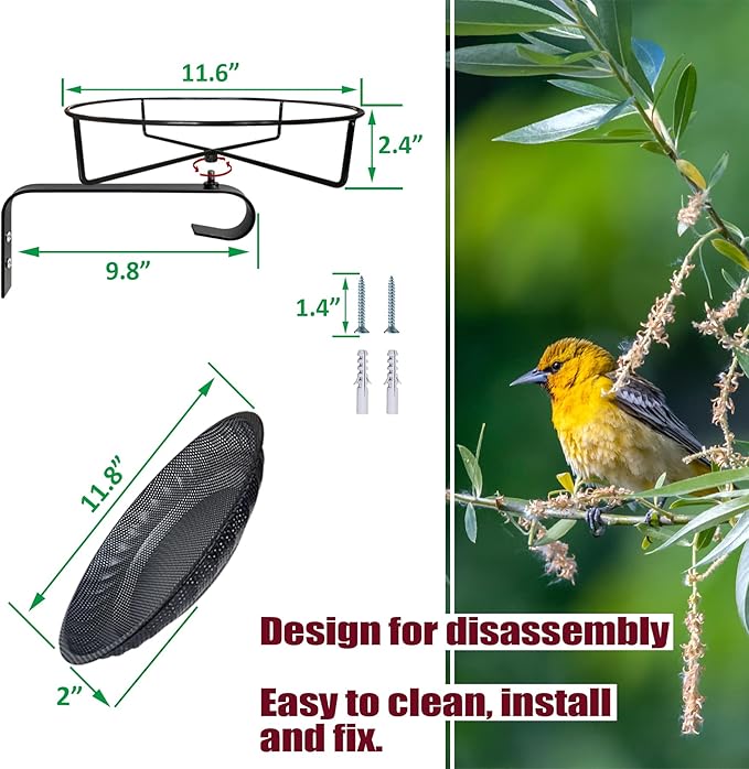 CQAIRIOU Wall Mounted Bird Feeder Tray,11.8" Stainless Steel Large Fence Tree Mount Birds Feeder for Outside Wild Birds, Table Mountable Platform Bird Feeder Mesh Seed Tray with Hanging Hook