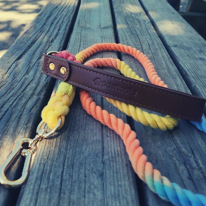 Pawtopia 5FT Dog Leash & Collar Set - Medium Dogs, Cotton Braided Rope with Vegan Leather Handle (Brown) with Two Complimentary Rolls of Dog Poop Bags (30 Bags), Durable Clasp (Vivid Rainbow, Medium)