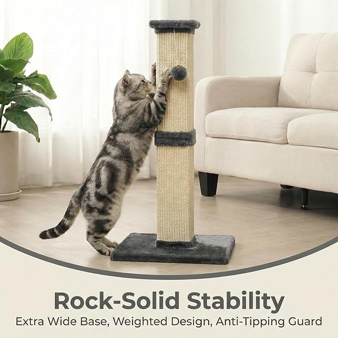 32" Tall Cat Scratching Post, Cat Scratcher with Heavy Duty Thick Wood Base, Cat Tower with Natural Sisal Rope and Hanging Ball, Plant-Like Design Scratching Post, for Small and Adult Kittens, Grey