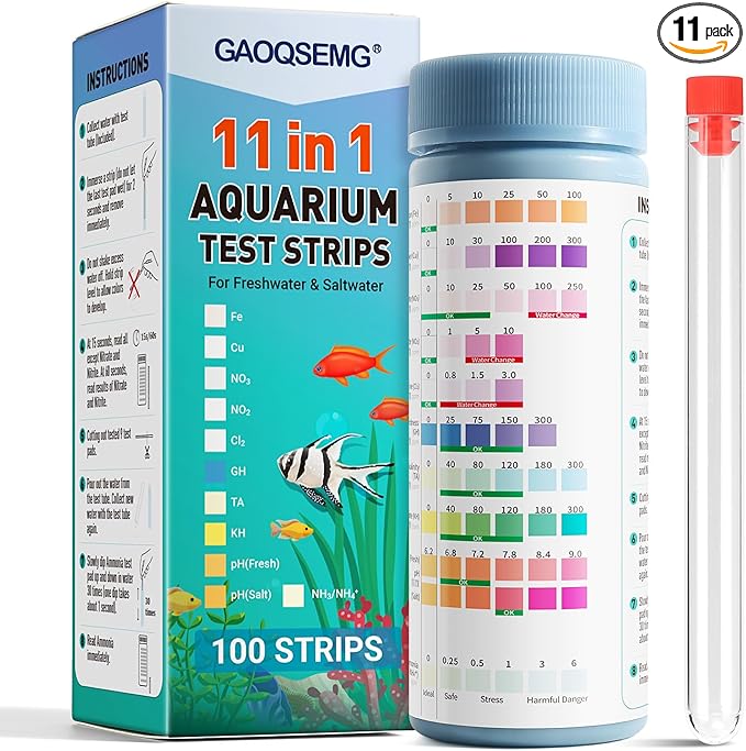 Aquarium Water Test Kit 11 in 1,100 Counts Ammonia Aquarium Test Kits Fish Tank Test Strips Freshwater & Saltwater pH Testing Strips for Ammonia,