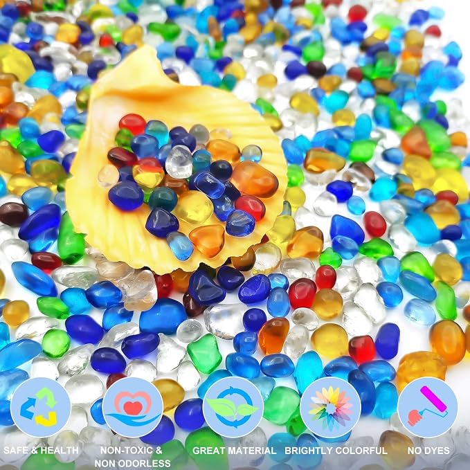 2 lbs/900g Colorful Clear Sea Glass Pebbles Aquarium Gravel Fish Tank Rocks Small, Irregular Glass Gems Stones Beads Marble Pebbles Rock Sand for Garden|Vase Filler|Fish Turtle Tank Decorations