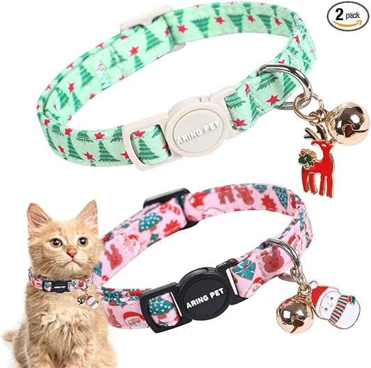 ARING PET 2 Pack Cat Collar, Christmas Breakaway Kitten Small Collars with Bells for Girl Boy Cats-Pink Reindeer Santa Claus & Green Xmas Tree