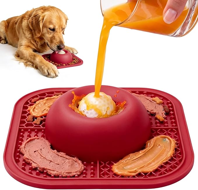 PetsHome Slow Feeder Dog Bowls & Lick Mat for Liquid and Thick Treat, Anti-Slip Dog Lick Bowl with Interactive Rolling Ball, 5/6 Cup Pup Licking Toy for Large Medium Small Dogs and Cats Red