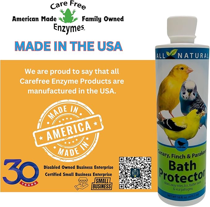 Care Free Enzymes Canary, Finch & Parakeet Bath Protector, 16 oz, Gentle Bird Bath Additive for Pet Birds, Helps Keep Bath Water Clean, Supports Feather Care, Safe for Small Pet Birds