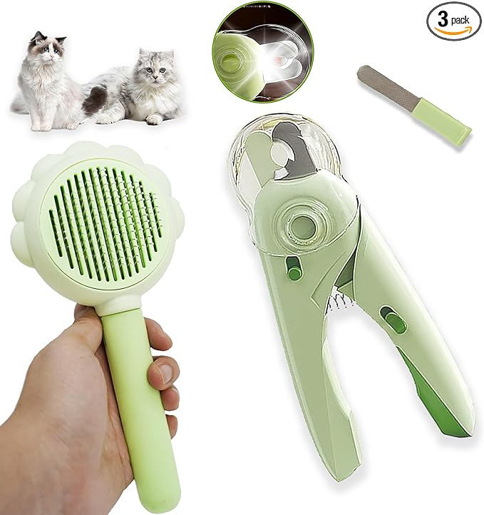 Self Cleaning Cat Brush for Shedding, LED Light Nail Clipper, Nail Clipper and Nail File, Slicker Brushes and Nail Trimmer for Long Haired Cats, Grooming Kit, Cat Lover Gifts