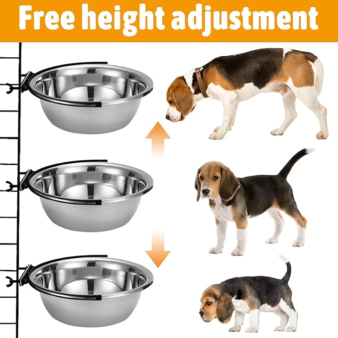 kathson Dog Kennel Bowls for Crates, 3 Pcs Stainless Steel Pet Food Water Bowls with Clamp Holder Hanging Metal Puppy Feeding Dish Cage Coop Cup for Cat Rabbit Ferret Bird (8.5 * 2.7in)