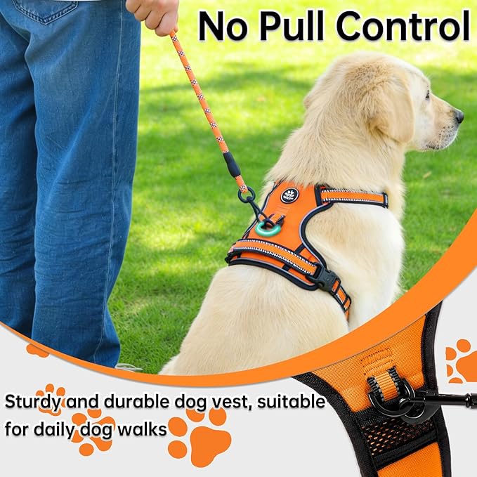 NESTROAD No Pull Dog Harness,Adjustable Oxford Dog Vest Harness with Leash,Reflective No-Choke Pet Harness with Easy Control Soft Handle for Large Dogs(Large,Orange)