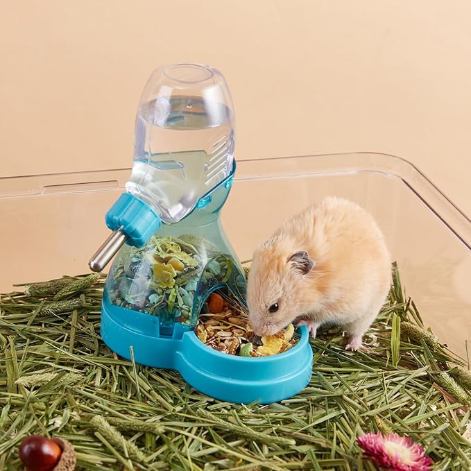2 in 1 Hamster Water Bottle No Drip with Large Capacity Automatic Food Dispenser Small Animal Feeder for Syrian Dwarf Hamster Mouse Rat Degu (Blue, 3oz)