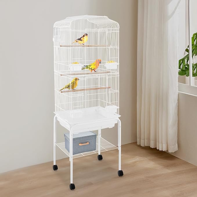 Large Bird Cage with Rolling Stand, Parrot Cage for Parakeets Cockatiels Conures, Heavy Duty Metal Birdcage with Wheels, Removable Tray & Storage Shelf for Indoor Use (White)