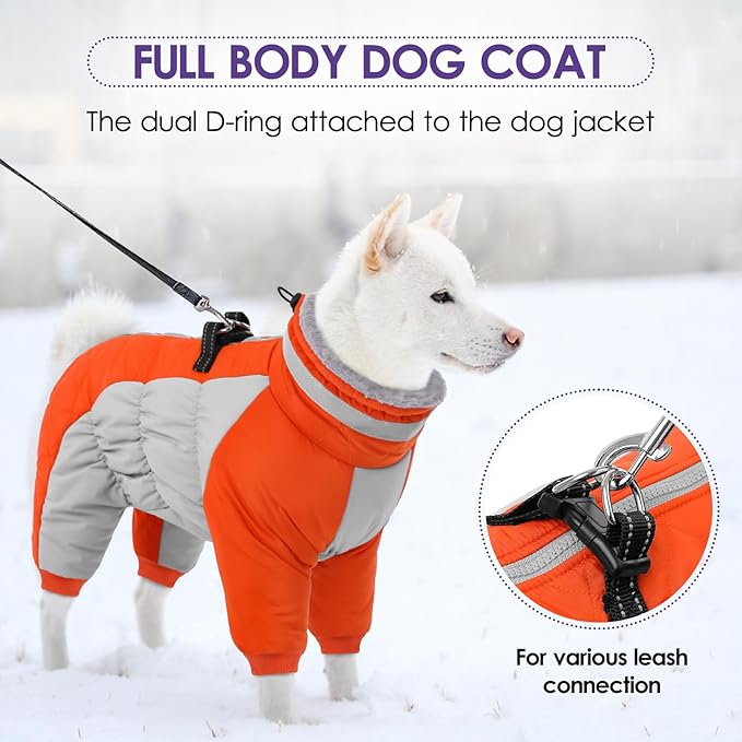 Full Body Dog Coat - Warm Fleece Jacket for Small Dogs, Turtleneck Winter Coats with Harness, Reflective Dog Snowsuit Windproof Puffer Jackets with Legs for Pug, Jack Russel, Orange S