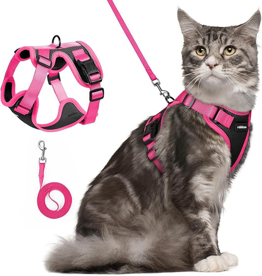 rabbitgoo Cat Harness and Leash Set, Escape Proof Soft Adjustable Vest Harnesses for Outdoor Walking, Easy Control Breathable Kitten Jacket with Reflective Strips, Black & Rose Pink, M