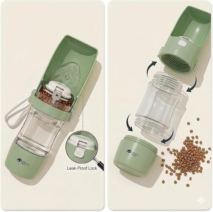 Argo's Pack 2-in-1 Dog Water Bottle & Food Container: Foldable Bowl, Leak-Proof & Portable. Durable Travel Gear for Dogs & Cats. Essential for Walking & Hiking. Perfect for Active Pet Owners (Green)
