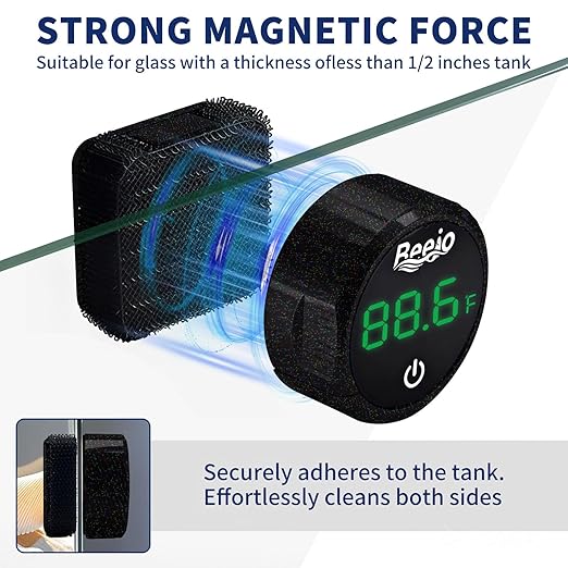 BEEJO 2 in 1 Aquarium Magnet Glass Cleaner with Touch Digital Thermometer ，Glass Fish Tanks Strong Magnetic Cleaning Brush，Aquarium Mini Algae Scraper (Black)