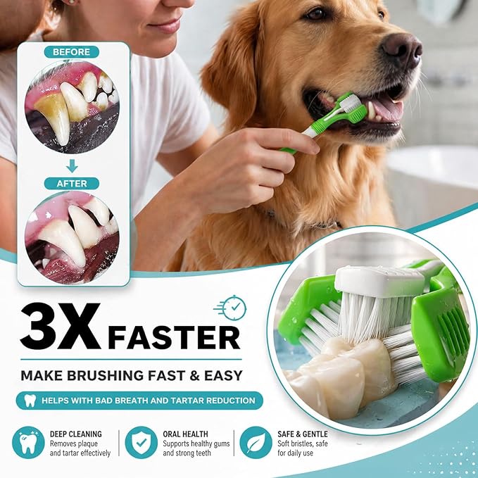 Dog Toothbrush, 360 Degree Finger Toothbrushes, Triple Head Toothbrushes, Double Head Toothbrush,Cleaning Brushes for Dog Cat Oral Dental Health (Blue, L)