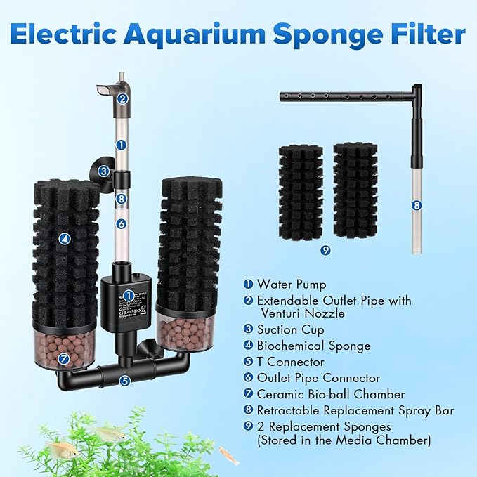 hygger Electric Aquarium Sponge Filter, 5W Quiet Fish Tank Filter Pump with 2 Spare Sponge & Bio Media Balls, Adjustable Outlet Venturi & Rain Mode(L for 29-55 Gal Fish Tank)