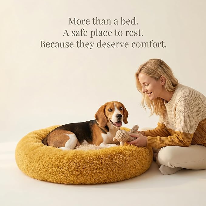 Calming Dog Bed for Medium Dogs Washable Donut 30 inches Anti-Slip Pet Bed,Round Fluffy Plush Faux Fur Cat Bed,Fits up to 45 lbs Pets,Orange