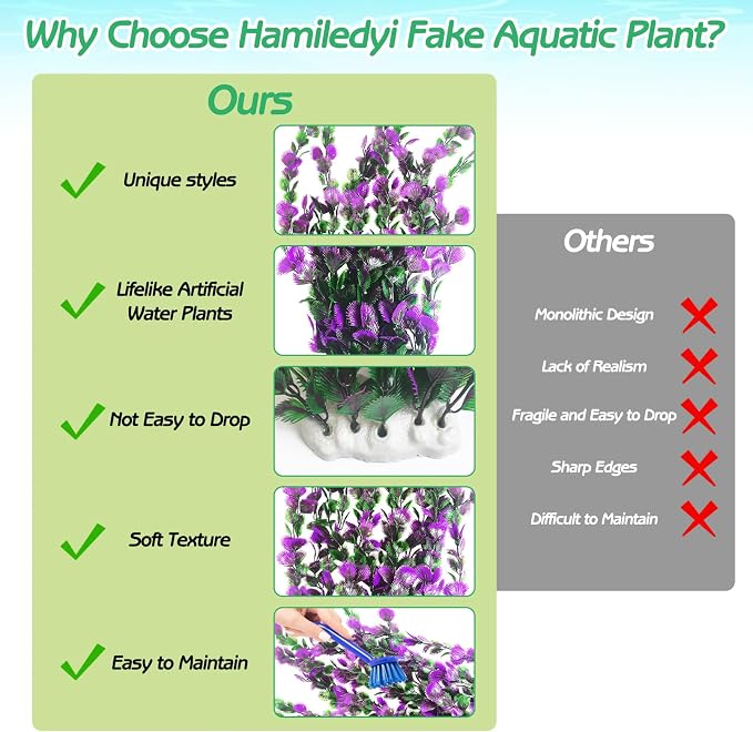 Hamiledyi Purple Green Serrated Leaf Tall Aquarium Plastic Plants Artificial Fish Tank Plant Aquarium Decor Extra Large Lifelike Aquatic Plant Suitable for Saltwater and Freshwater 27.5-inch Tall 2Pcs
