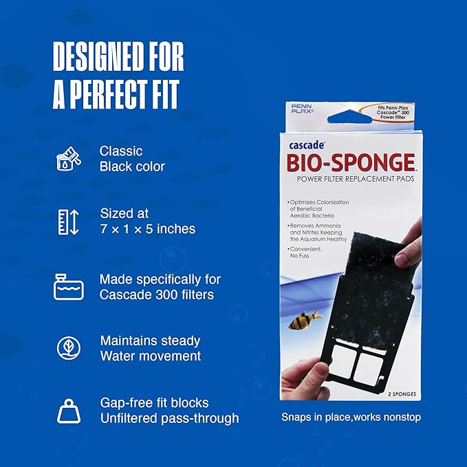 Penn-Plax Cascade 300 Power Filter Replacement Bio Sponge, 2 Pack -Durable Aquarium Filter Media Compatible with Cascade Power Filters -Improves Water Flow & Filtration Efficiency -Black, 7 x 1 x 5 In
