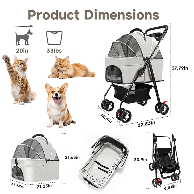 Pet Stroller for Small Dogs and Cats with 4 Wheels, 3 in 1 Foldable Dog Stroller with Detachable Carrier, Breathable Mesh, Storage Basket & Cup Holder, Up to 33 lbs
