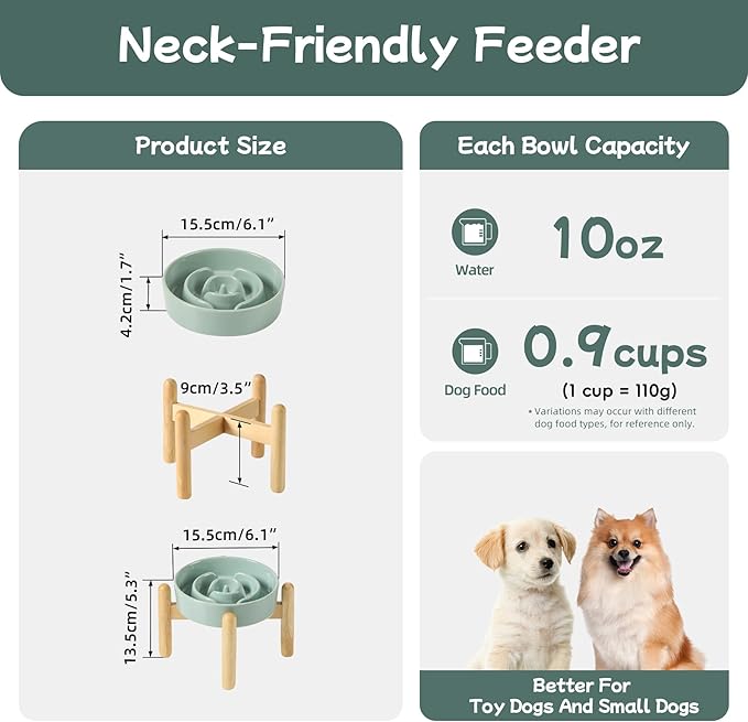 Havniva Ceramic 0.9 Cup Raised Dog Slow Feeder Set, Elevated Bowl with Wooden Stand for Small Dog and Cat, 6.1inch Puzzle Slow Dog Food Dish, Anti-Gulping(Light Green, Single Bowl+ Stand)